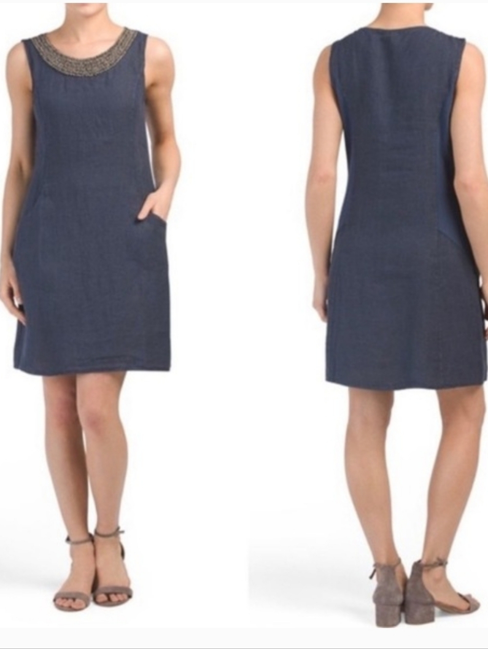 Beaded Collar Sleeveless 100% Linen Shift Dress in Navy Resortwear Party Size SM